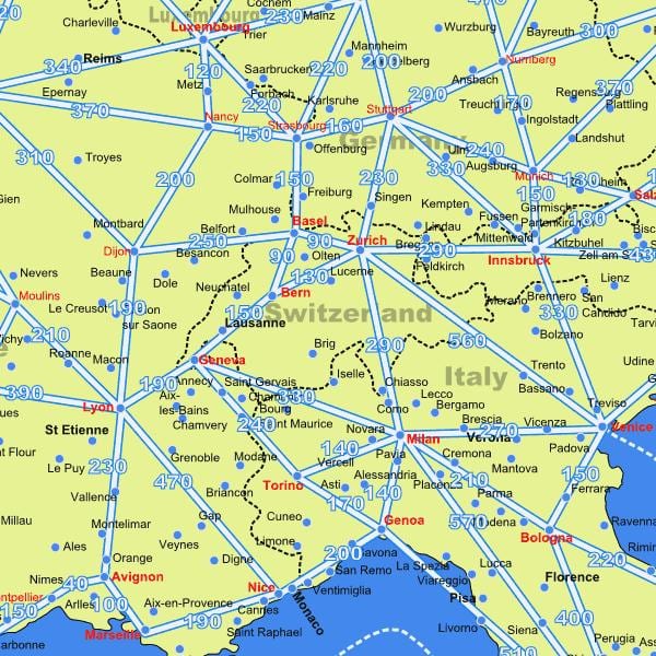 mapa švajčiarska mapu s vzdialenosti