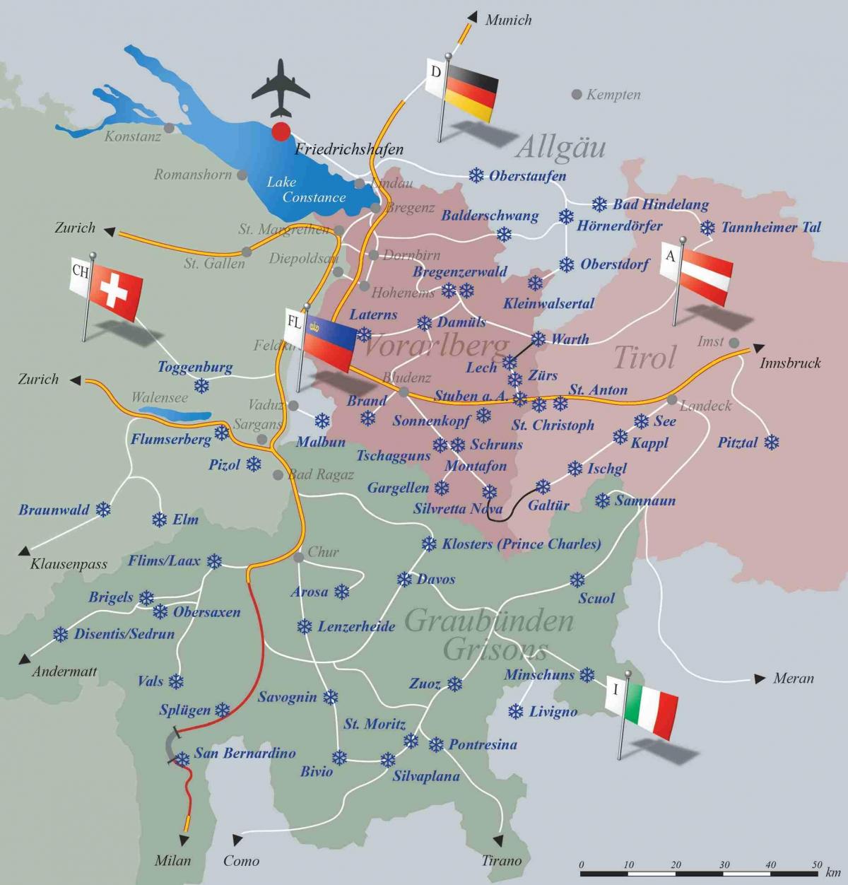lyžiarske strediská vo švajčiarsku mapu