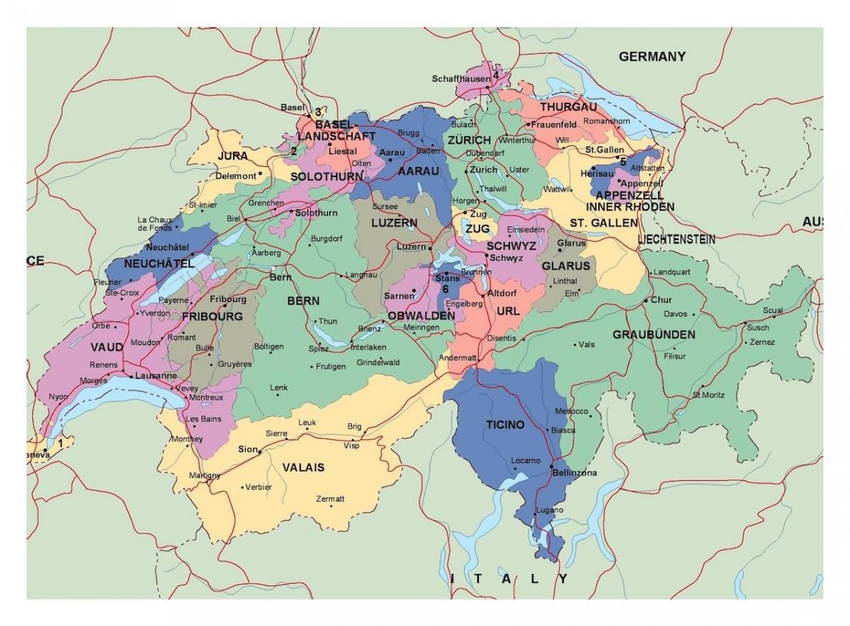 mapa švajčiarska s mestá a obce