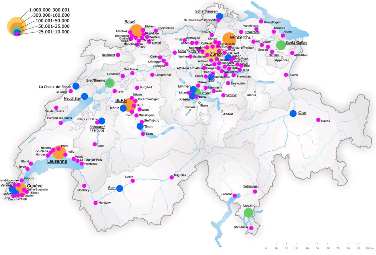 švajčiarsko mapa s hlavnými mestami