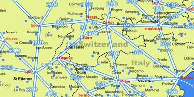 Mapa švajčiarska mapu s vzdialenosti