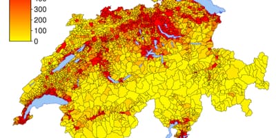 Švajčiarsko hustota obyvateľstva mapu